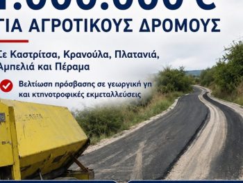 Ένα εκατομμύρια ευρώ για τη βελτίωση αγροτικών δρόμων σε πέντε Κοινότητες του Δήμου Ιωαννιτών