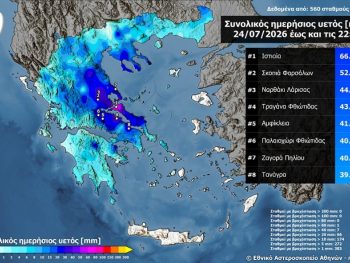 Μεγάλα ύψη βροχής από την κακοκαιρία της Παρασκευής 24 Ιουλίου 2026