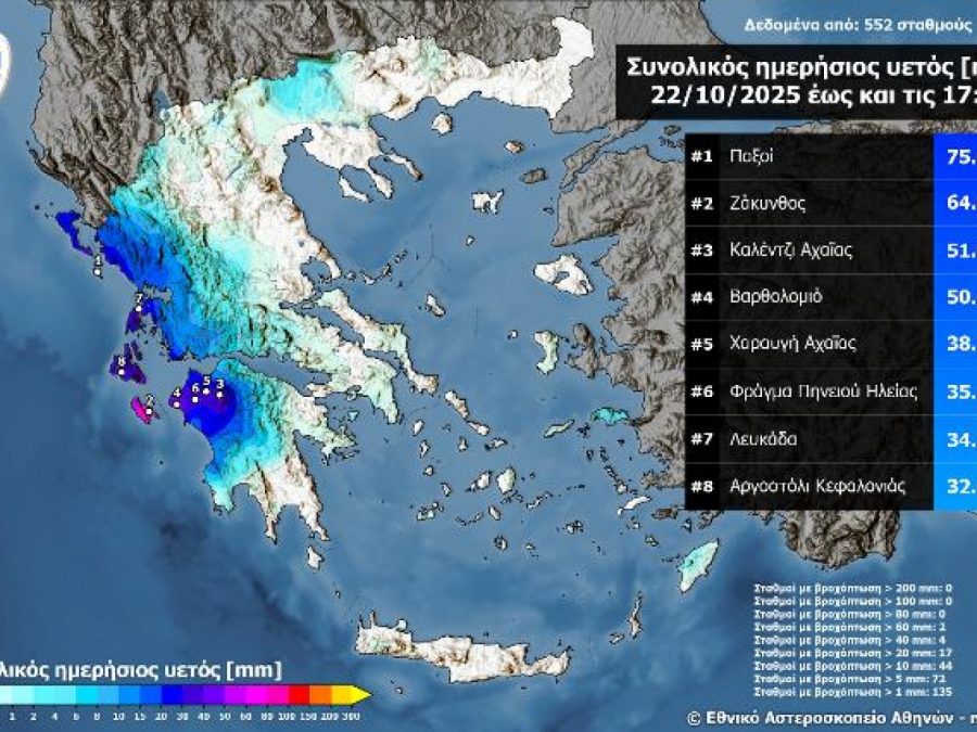 Τα μεγαλύτερα ύψη βροχής έως το απόγευμα της Τετάρτης 22 Οκτωβρίου 2025