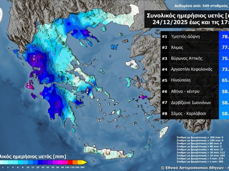 Μεγάλα ύψη βροχής στα δυτικά και στην Αττική την παραμονή των Χριστουγέννων